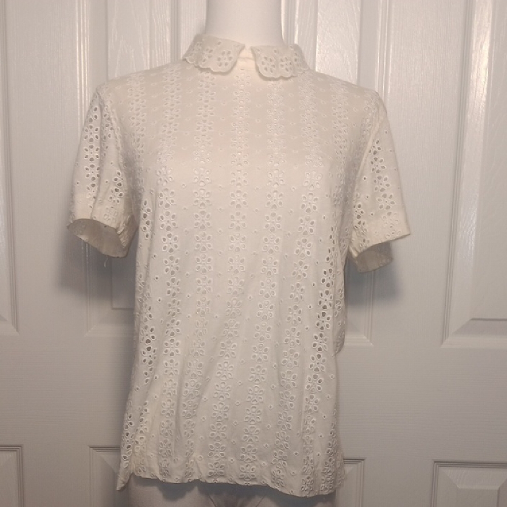 J. Crew Cream/Off White High Collar Eyelet Blouse